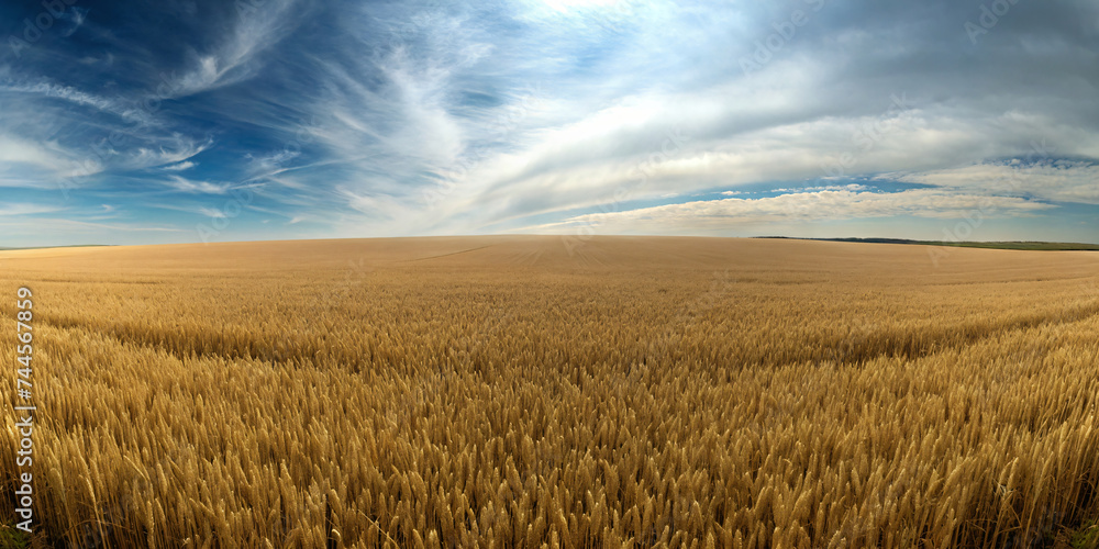 Wheat field under summer sky with golden grains, green grass, and fluffy clouds
