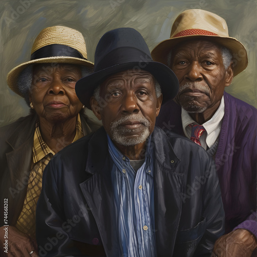 retired elderly people and free time, group of happy senior african american and caucasian male friends talking and sitting on bench in park © Nadezda Ledyaeva