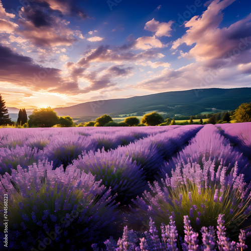 A field of blooming lavender in the countryside. 