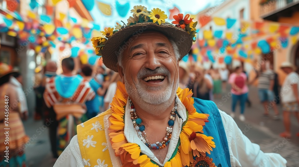 Elderly man in festive attire enjoying a street festival, Concept of celebration, culture, and joy in later life