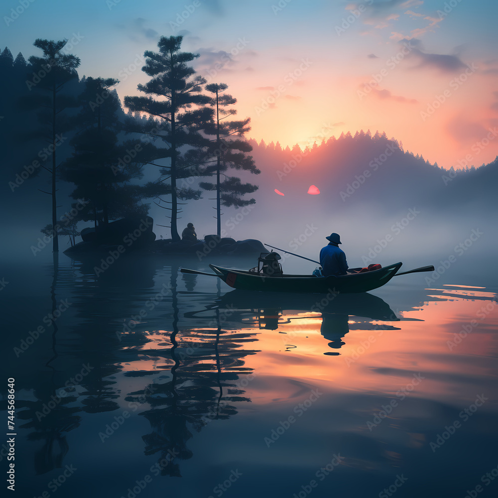 A fisherman on a peaceful lake at dawn.