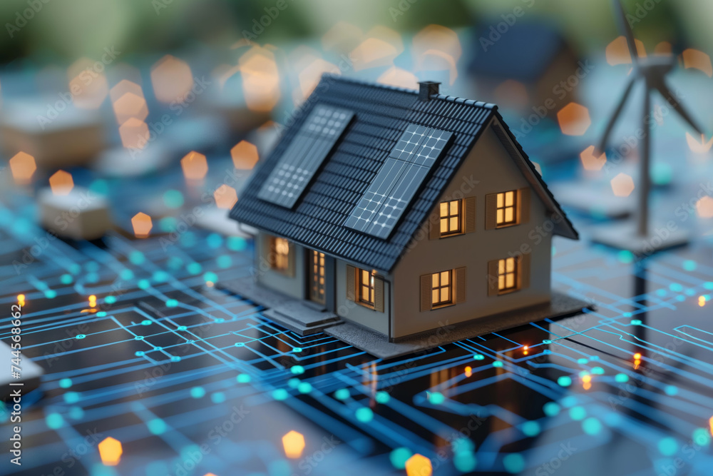 A model smart home sports a solar panel roof, set on a grid representing a futuristic energy network, with glowing connections and a wind turbine in the background A model smart home sports a solar panel roof, set on a grid representing a futuristic energy network, with glowing connections and a wind turbine in the background