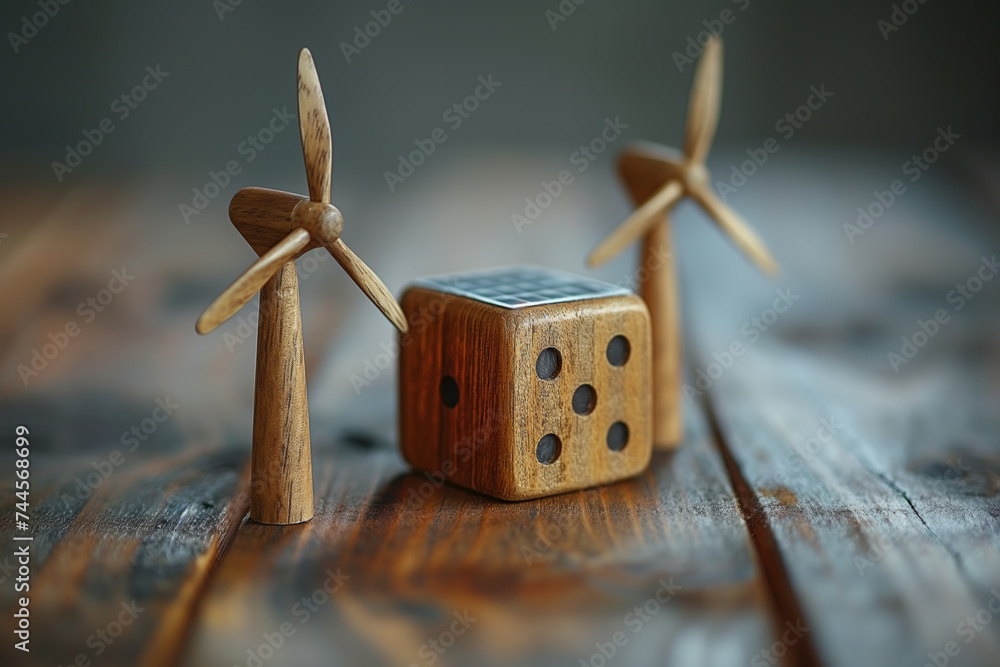 A creative close-up of wooden wind turbines and a solar-paneled dice on a rustic table, symbolizing eco-friendly energy in a handcrafted, playful form - obrazy, fototapety, plakaty 