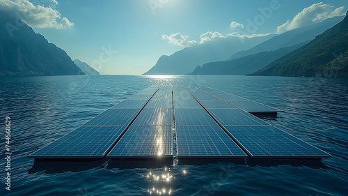 A vast array of solar panels floats on a lake, capturing the sunlight between towering mountain ranges under a clear sky