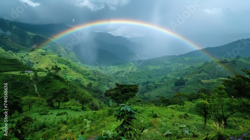 Verdant Hills under a Rainbow after Rain  Concept of Nature s Beauty  Renewal  and Agricultural Bounty