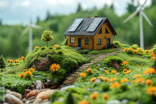 A charming miniature house with solar panels on its roof, nestled in a vibrant green landscape with a backdrop of a wind turbine, symbolizing sustainable living