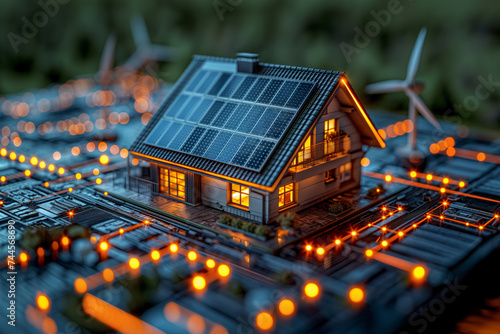 A highly detailed miniature smart house glows amidst an intricate network grid, showcasing a futuristic vision of sustainable living with solar and wind power
