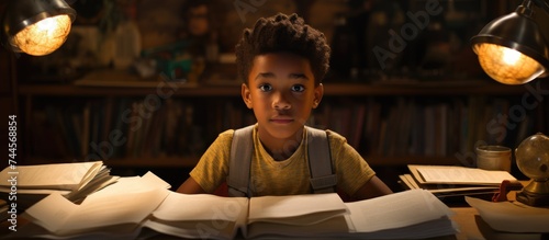 A young African American child gazes at the camera amidst study materials in their house.