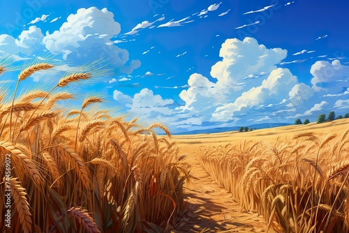 minimalistic design beautiful illustration of a field of ripe wheat against the blue sky