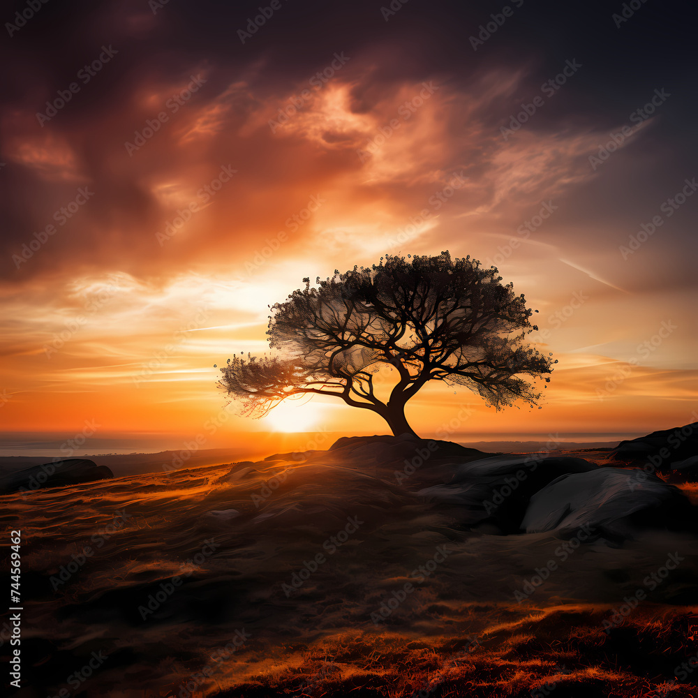 A lone tree on a hill silhouetted against the sunset