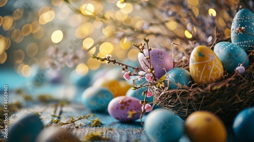 Sparkling Bokeh Easter Banner with Decorations and Pastel Colors