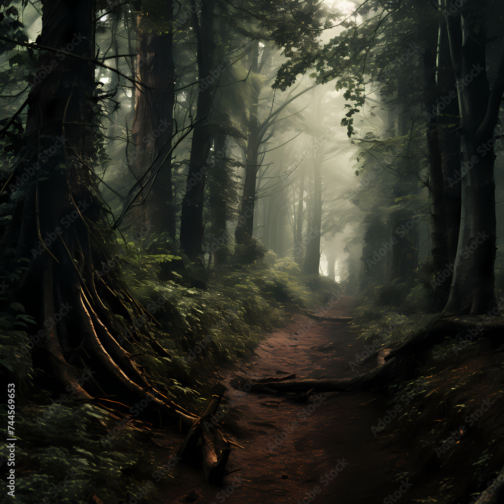 A mysterious foggy forest with a hidden path 