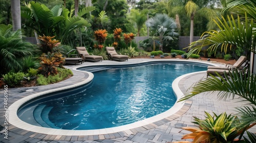 Elegant Backyard Pool with Curved Design and Tropical Plants, Concept of Home Luxury, Relaxation, and Stylish Outdoor Living