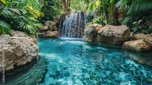 Tropical Swimming Pool with Waterfall and Exotic Plants, Concept of Tranquil Oasis, Luxury Resort, and Relaxation Retreat