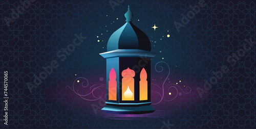 Eid Mubarak lanterns and floral designs in dark colorful design with star vector