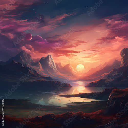 A serene sunset over a mountain range 