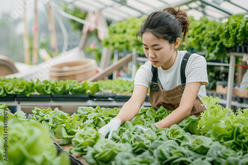 Asian young woman owner farm checking lettuce in row with hydroponic system in greenhouse. AI Generative