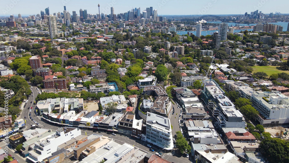 Aerial drone view above the harbourside suburb of Double Bay in east Sydney, NSW Australia looking toward Darling Point, Sydney Harbour and Sydney City on a sunny day