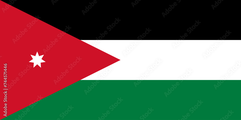 Close-up of red, white, black and green national flag of Asian country of Jordan with white star. Illustration made February 24th, 2024, Zurich, Switzerland. Close-up of red, white, black and green national flag of Asian country of Jordan with white star. Illustration made February 24th, 2024, Zurich, Switzerland.
