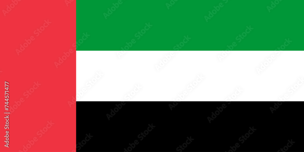 Red, green, white and black national flag of Asian country of United Arab Emirates UAE. Illustration made February 24th, 2024, Zurich, Switzerland.