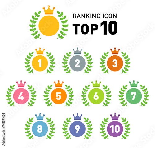 王冠・クラウンのランキングアイコンセット／ベクター素材／月桂冠・メダル／1位から10位まで