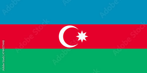 Close-up of blue, red, green and white national flag of Asian country of Azerbaijan with yellow crescent moon and white star. Illustration made February 24th, 2024, Zurich, Switzerland.
