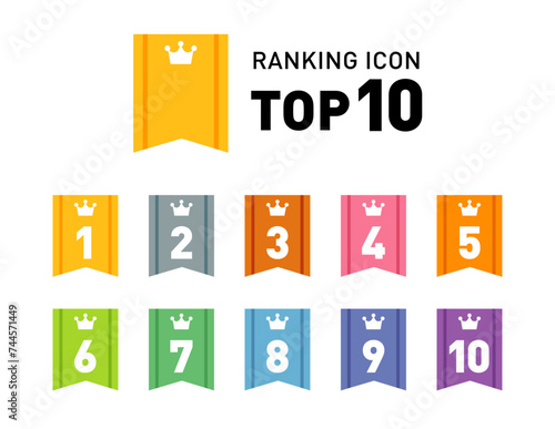 王冠・クラウンのランキングアイコンセット／ベクター素材／リボン／1位から10位まで