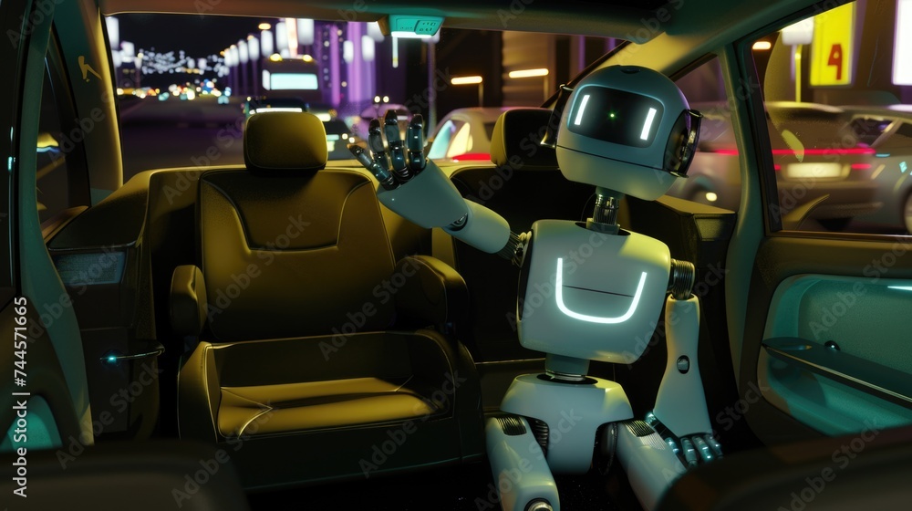 Autonomous Robot Chauffeur in a Futuristic Self-Driving Car on a Vibrant City Street at Night