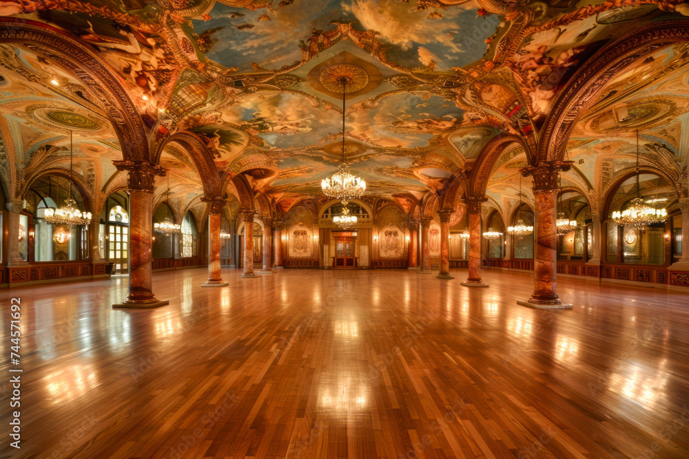 Elegant Renaissance ballroom with intricately painted ceilings, gilded columns.