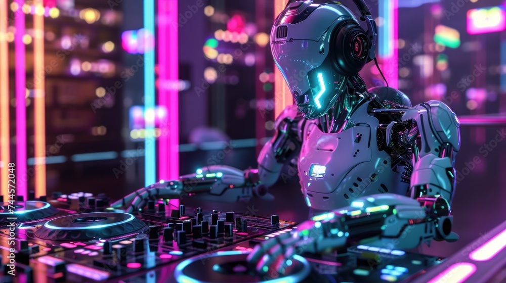 Fototapeta premium Futuristic Robot DJ Performing at a Neon-Lit Club with Excited Crowd in the Background