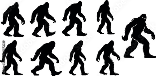 Bigfoot silhouette, cryptid, mystery, folklore, walking bigfoot pose, mythical, creature, legend, Sasquatch, Yeti, beast, monster, enigma, shadowy figure