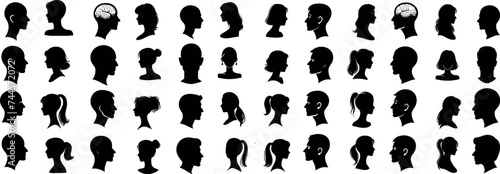 cameo silhouette collection, diverse profiles. ideal for identity, character design visuals. men, women showcasing various hairstyles, features. variety in shapes, sizes of heads, hairstyles depicted