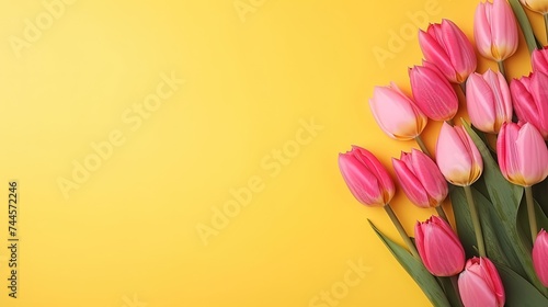flat lay spring abstract flowers background of yellow tulips flower with hard shadow over pink, copy space, Generative AI #744572246