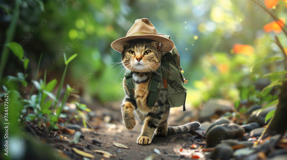 Obraz premium Adventurous Tabby Cat with Hat and Backpack on a Sunlit Forest Trail