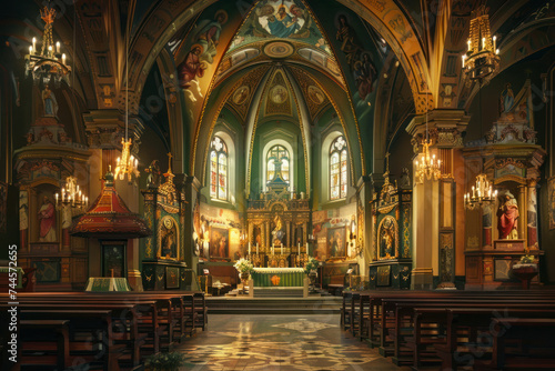 Exquisite Renaissance chapel interior with soaring vaulted ceilings  intricate frescoes.