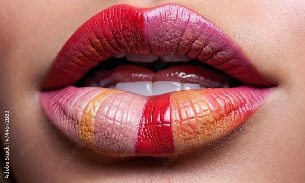multi-colored permanent makeup on the lips. red and shades of pink lipstick on the lips of a European girl multi-colored permanent makeup on the lips. red and shades of pink lipstick on the lips of a European girl