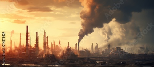 Operational oil refinery creating air pollution in the city due to harmful smoke from its chimney and hazardous industrial waste.