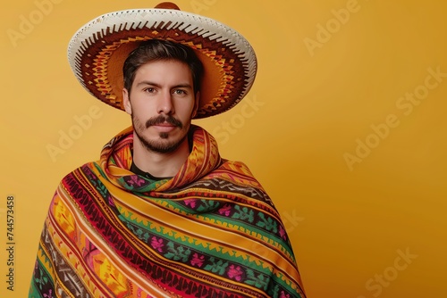 Beautiful young mexican man wearing sombrero and poncho on yellow background
