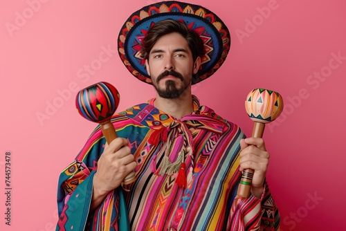 Beautiful young mexican man wearing sombrero and poncho holding maracas on pink background