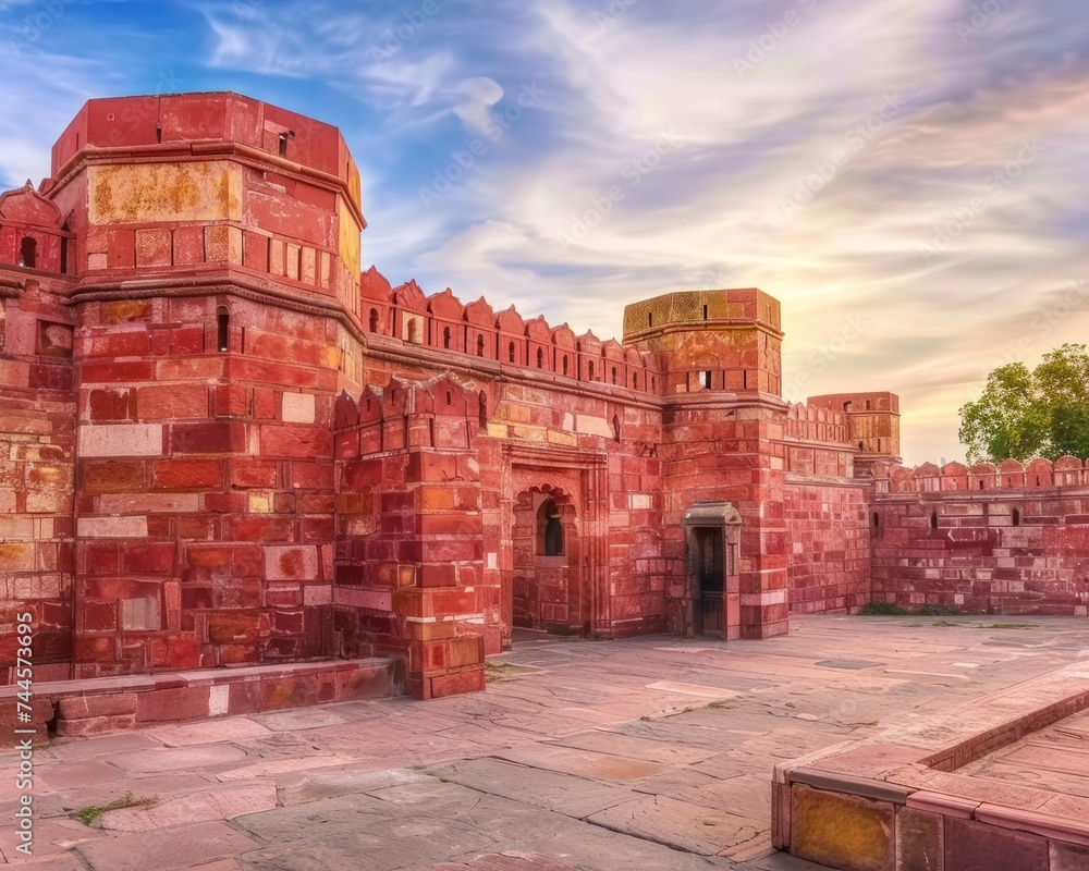 Red sandstone wall of fort sturdy and majestic standing tall under the sun telling tales of history and strength, world heritage day celebration
