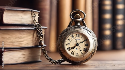 Vintage pocket watch on wooden surface against old books