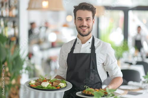Handsome man waiter holding plate with tasty dishes