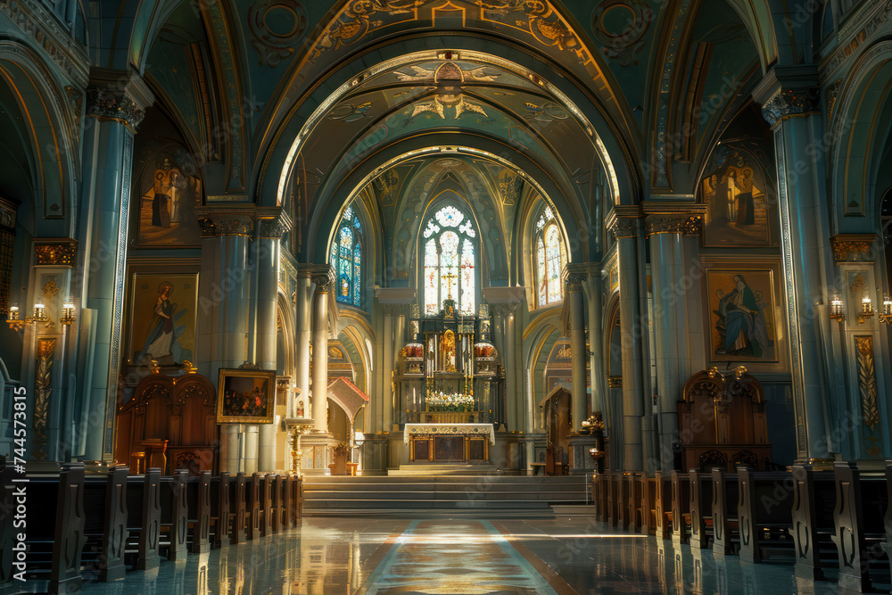 Exquisite Renaissance chapel interior with soaring vaulted ceilings, intricate frescoes.