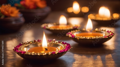 beautiful diwali lighting, selective focus,Happy Diwali - Diya lamps lit with bokeh background during diwali celebration.