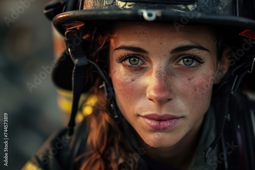 Portrait of firefighter woman in uniform and helmet © Alina