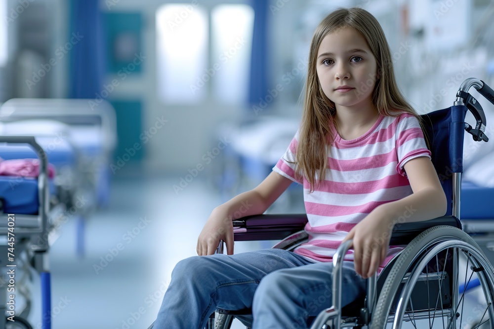 Disabled young girl sitting in wheelchair in hospital Disabled young girl sitting in wheelchair in hospital