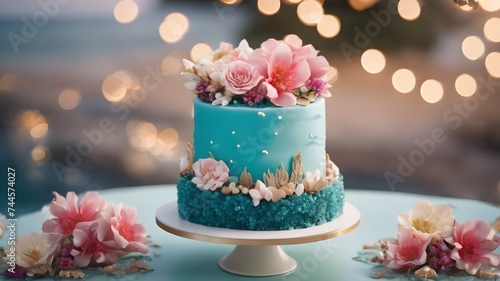 blue cake with  rose petals  festival lights  isolated background with copy space.