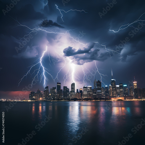 Dramatic lightning striking over a city skyline 