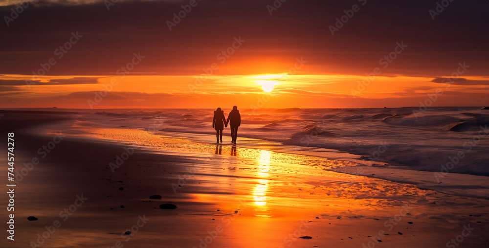 a couple enjoying a romantic sunset walk along the beach, hand in hand, with the golden sun casting a warm glow on the horizon High-resolution photograph