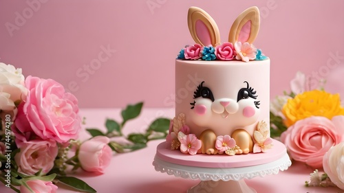 Easter bunny celebration cake on a pink background or happy birthday cake 